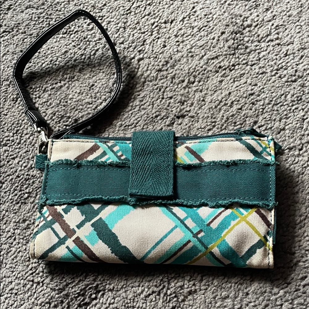 Thirty-One Plaid Wristlet with Teal Accents